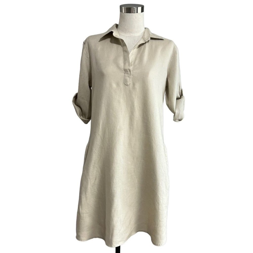 Pure Amici Linen Roll Tab Sleeve Tan Khaki Shirt Dress Small - Picture 6 of 12
